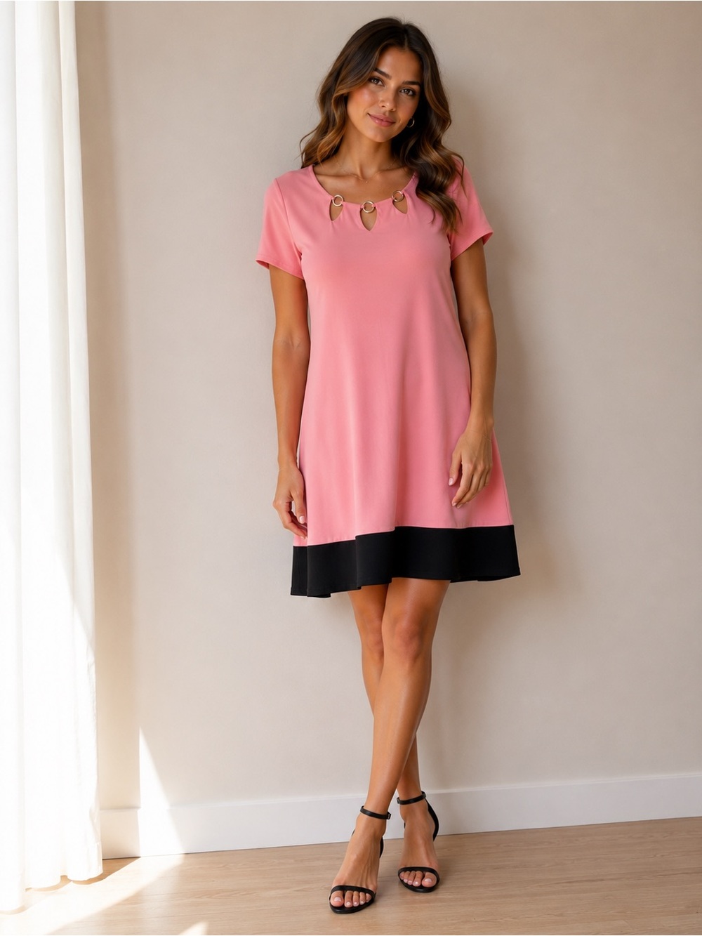 NWT AGB Coral Pink & Black Colorblock Shift Dress - Size Medium